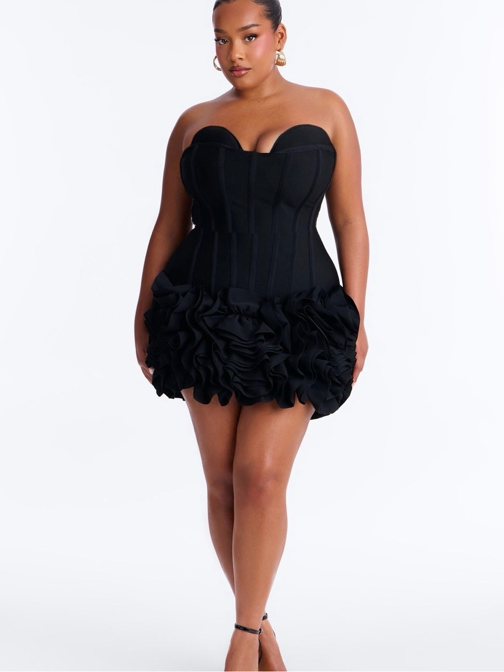 Strapless Black Ruffle Hem Mini Dress - Picture 4 of 9